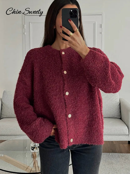 Suéter elegante de manga larga para mujer, cárdigan liso holgado de un solo pecho con cuello redondo, ropa de abrigo suave y a juego para primavera 2025.