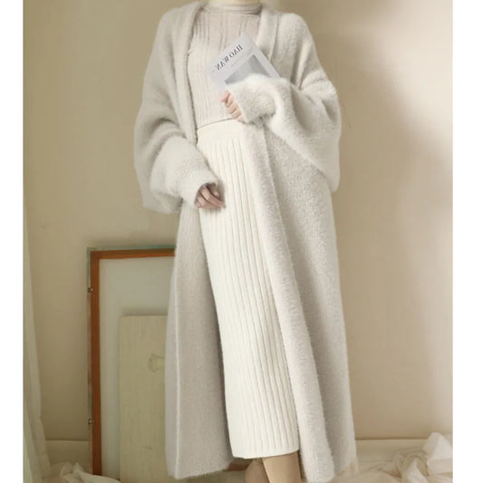Cárdigan largo blanco para mujer, ropa de invierno, suéter de cachemira de manga larga y tejido esponjoso, abrigo estilo coreano cálido vintage