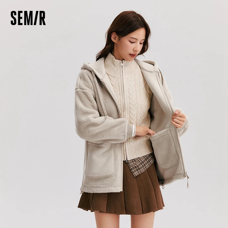 Abrigo de lana de cordero sintética para mujer, forro polar de doble cara, holgado, nuevo, de invierno, con capucha sencilla y en contraste de colores.
