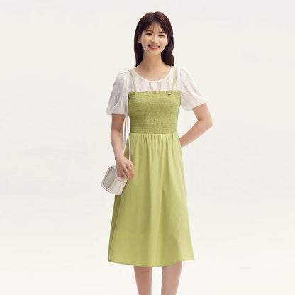 Vestido de mujer con mangas abullonadas y encaje de retazos, dos piezas, corte entallado, estilo fresco de verano, cuello redondo, falda de longitud media