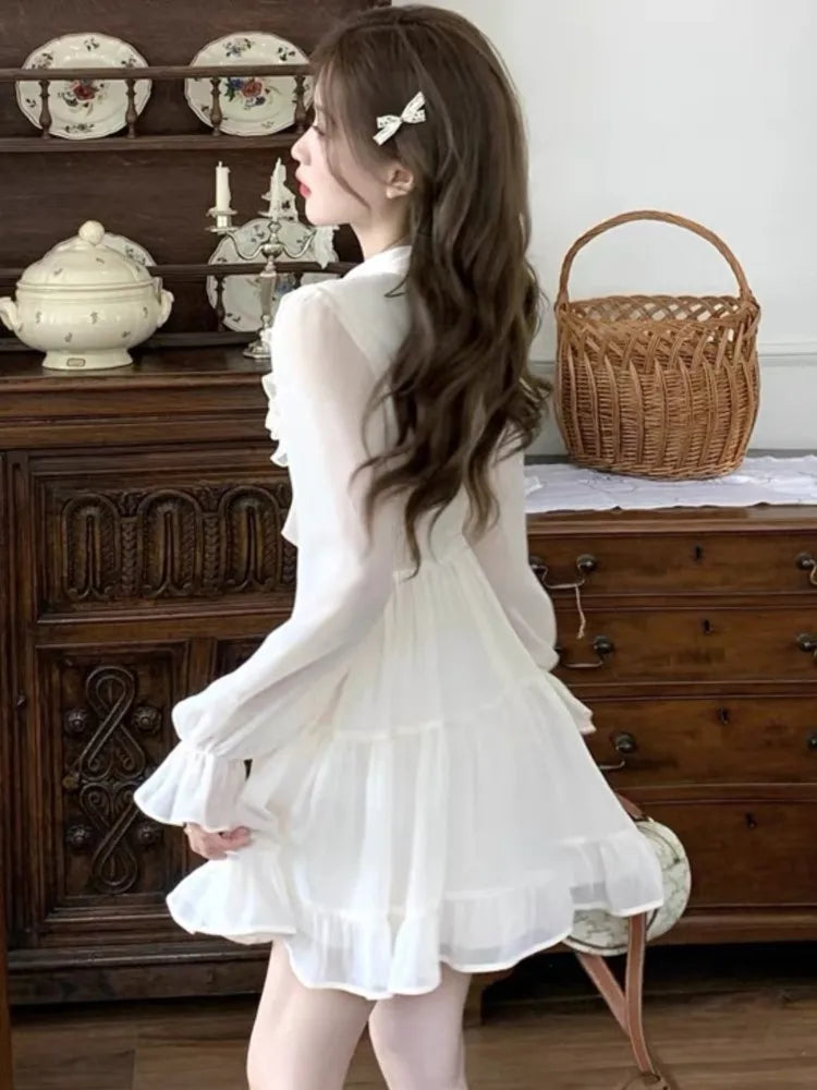 Elegante vestido corto de gasa para mujer, con mangas acampanadas y volantes, corte A, para fiesta de cumpleaños, moda coreana, vestido de una pieza, nuevo