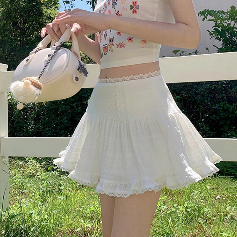 Falda Y2K Coquette para mujer, ropa blanca con ribete de encaje, tiro bajo, holgada, corte A, faldas cortas, faldas Fairycore de los años 2000, ropa de calle