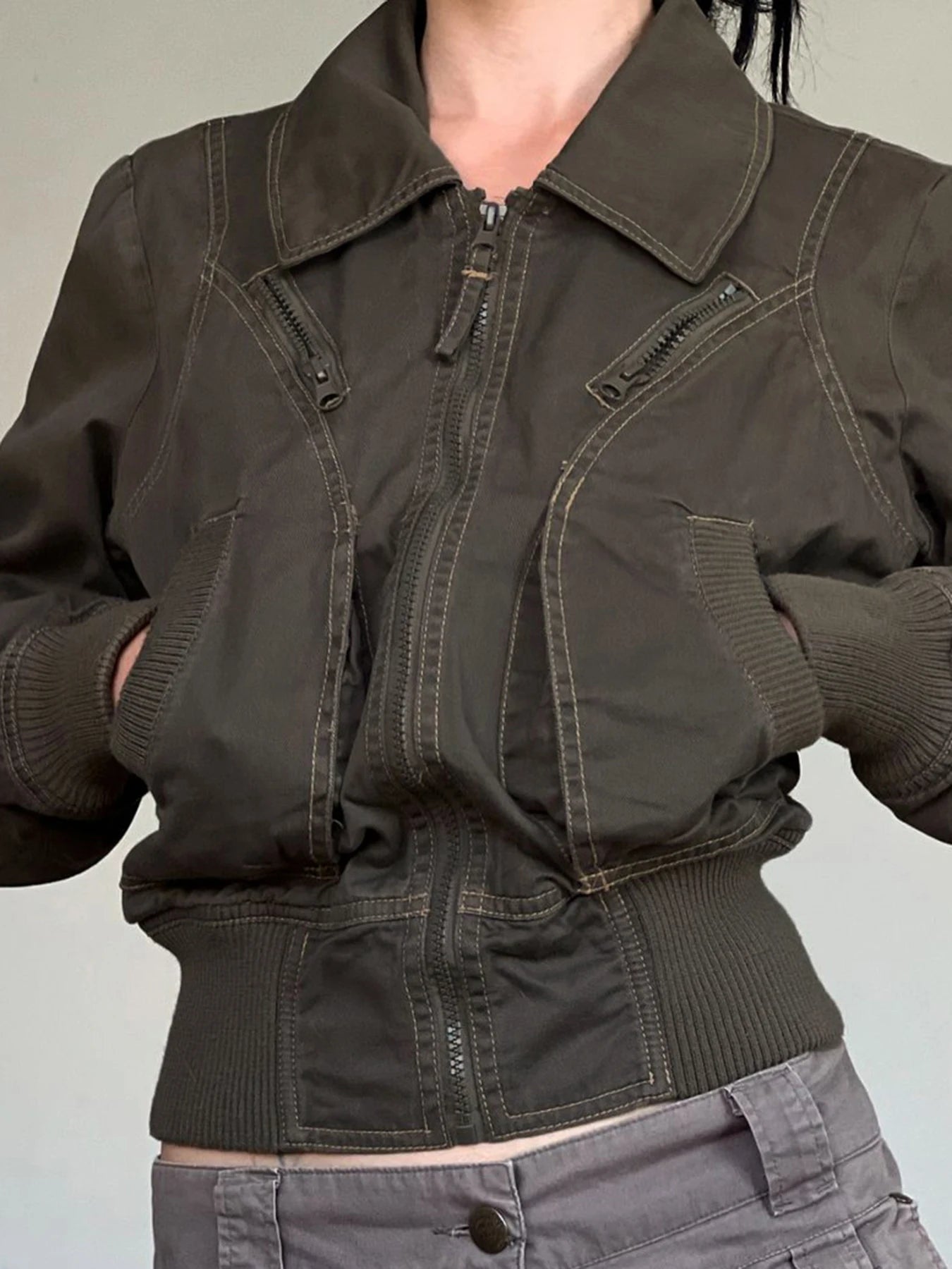 Chaquetas elegantes de manga larga con cremallera punk para mujer, ajustadas, lisas, nuevas y modernas, ropa de calle con cintura ajustada