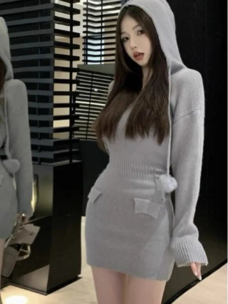 Vestidos de punto de otoño para mujer, sudaderas con capucha, cuello en V, manga larga, ajustados, vestido corto, informal, coreano, elegante, nuevo