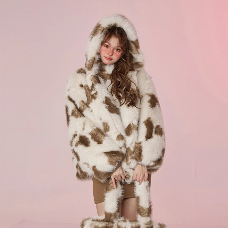 Abrigo de piel sintética de leopardo de gran tamaño para mujer, chaqueta gruesa de piel de zorro con capucha, estilo Harajuku Y2k, para invierno