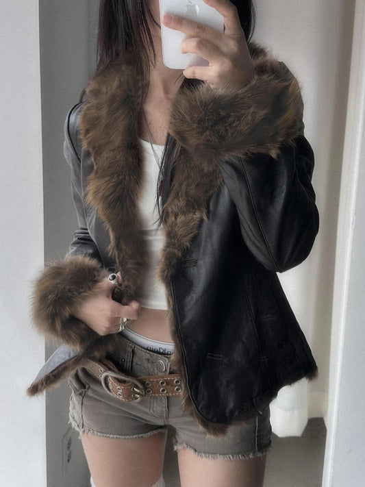 Abrigo de cuero de otoño para mujer, abrigo elegante ajustado con botones y ribete falso de manga larga