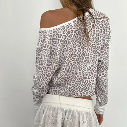 Camiseta con estampado de leopardo para mujer, estilo Y2K, estilo urbano, acanalada, de manga larga, con botones, top corto ajustado, estilo retro informal
