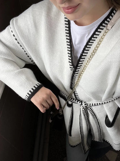 Suéter tipo cárdigan de punto con contraste para mujer, con bolsillos y cordones, manga larga, retazos, abrigo holgado, prendas de punto de otoño, prendas de vestir para mujer