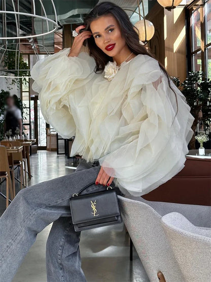 Camisas blancas con volantes y retazos, elegantes, de moda para mujer, de cintura alta, manga larga, informales, ropa de calle, blusa para mujer