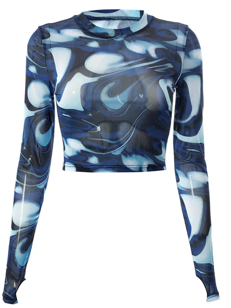 Summer Casual Round Neck pullover Shirts For Wome Fashion Mesh Slightly Sheer Print Women Clothes Sexy Slim Long Sleeve Y2kTop