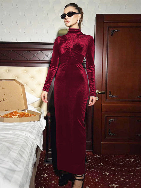 Vestido ajustado plisado de moda para mujer, cintura alta, manga larga, elegante, liso, para fiesta, vestido largo de otoño para mujer