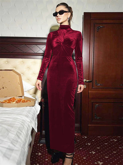 Vestido ajustado plisado de moda para mujer, cintura alta, manga larga, elegante, liso, para fiesta, vestido largo de otoño para mujer