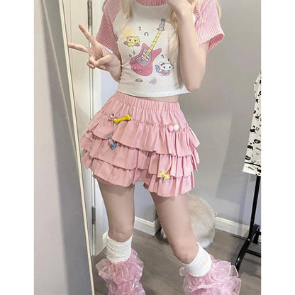 Minifalda con volantes Y2K para mujer, estilo kawaii, estilo lolita, con lazo, estilo harajuku, estilo japonés, de cintura alta, color rosa y blanco.