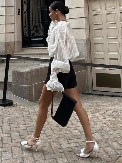 Camisas casuales transparentes de otoño para mujer, cárdigan holgado y ajustado de manga larga con solapa, ropa de calle, camisas plisadas para mujer