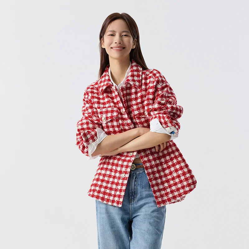 Prendas de abrigo para mujer, estilo medio largo, moda nueva primavera, top de tweed a cuadros