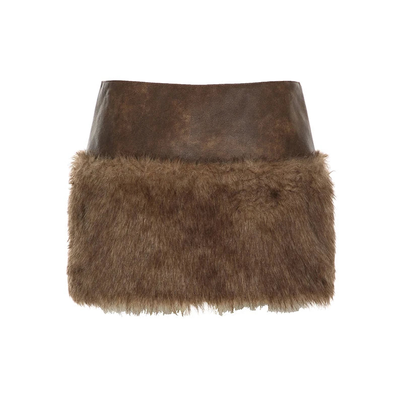 Wild Fashion Zipper Pu Patchwork Faux Fur Women¡¯s Skirts Chic Sexy Skinny Mini Leather Skirt Gyaru