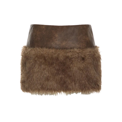 Wild Fashion Zipper Pu Patchwork Faux Fur Women¡¯s Skirts Chic Sexy Skinny Mini Leather Skirt Gyaru