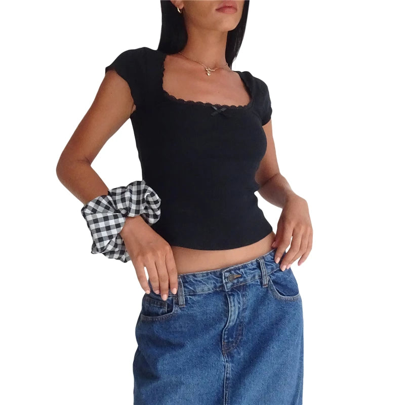 Baby Tees y2k Tank Top Women Casual Lace Trim Short Sleeve Square Neck T Shirt with Bow 2000s Clothing Streetwear