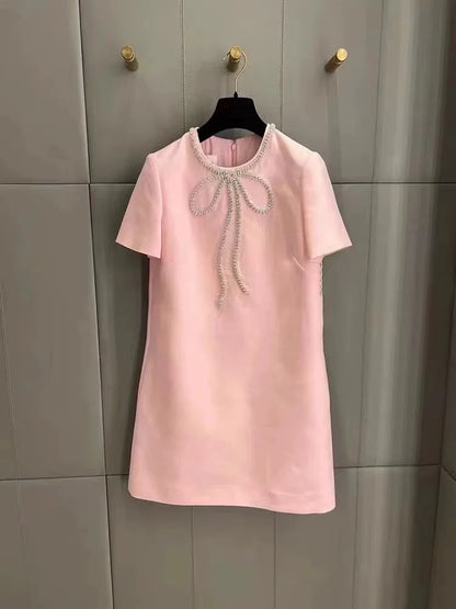 Vestido corto de moda Hotsweet con lazo de cuentas de diamantes, color liso, cuello redondo, elegante, corte A, para mujer, primavera-verano 2025, 23A9653