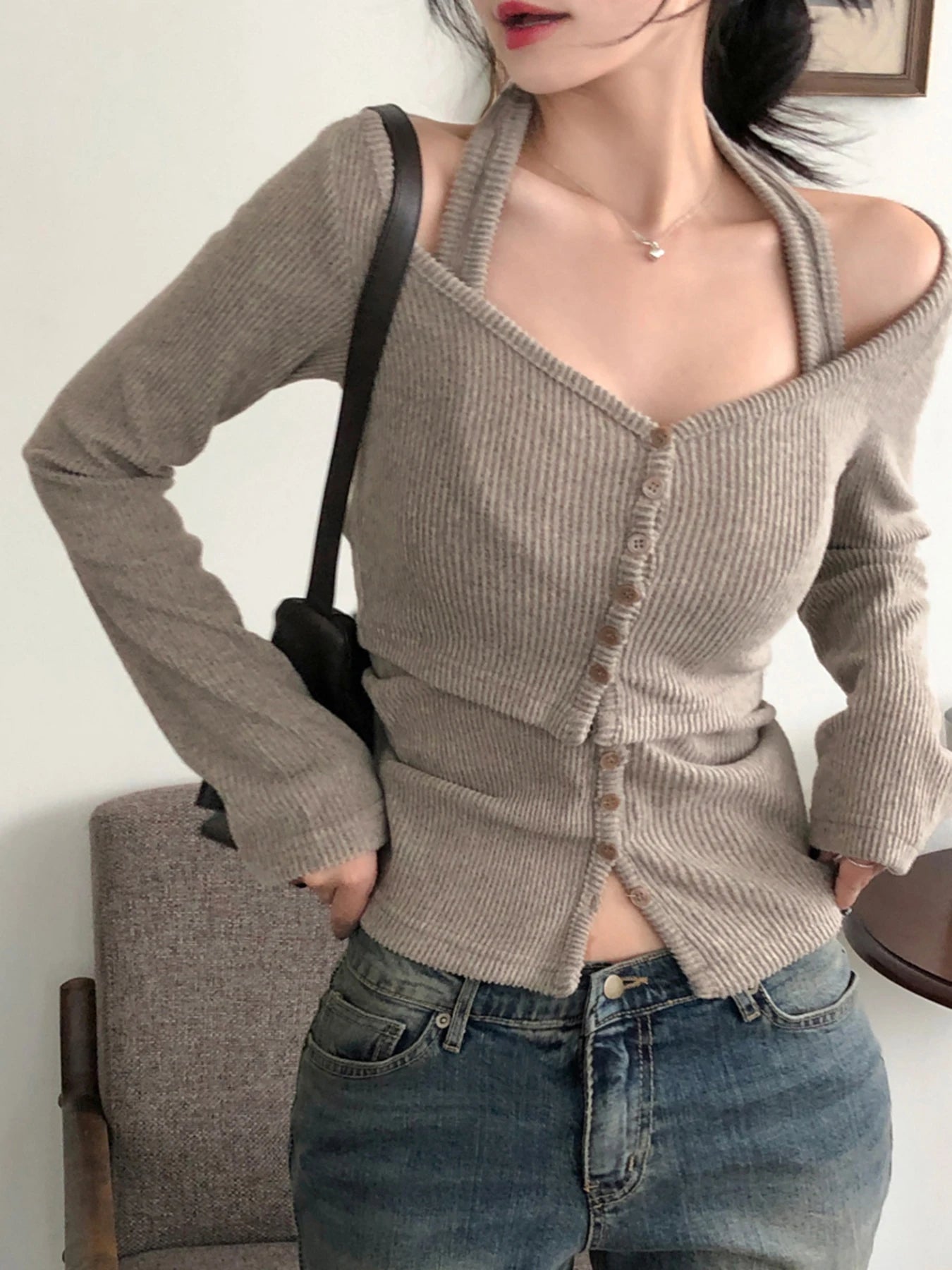 Conjunto de 2 piezas de moda para mujer, camiseta con cuello halter, mangas largas, estilo coreano, blusas sencillas para oficina, combinables con todo.