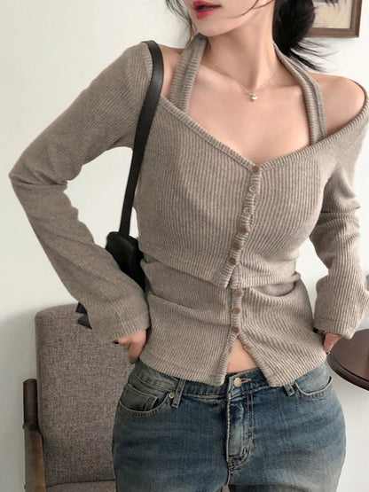 Conjunto de 2 piezas de moda para mujer, camiseta con cuello halter, mangas largas, estilo coreano, blusas sencillas para oficina, combinables con todo.