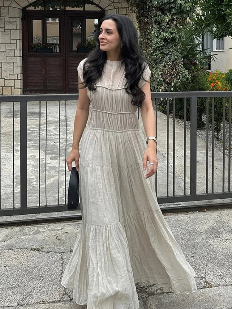 Vestidos largos plisados vintage para mujer, elegantes, sin espalda, cuello redondo, manga corta, para verano, primavera, fiestas, playa y vacaciones.