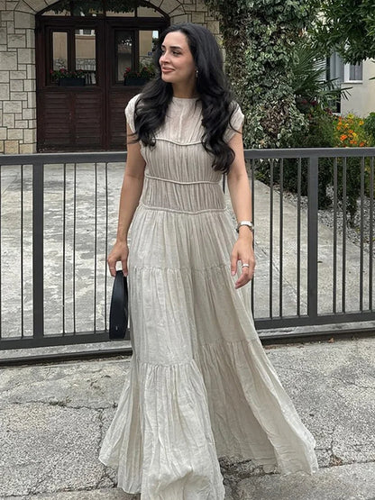 Vestidos largos plisados vintage para mujer, elegantes, sin espalda, cuello redondo, manga corta, para verano, primavera, fiestas, playa y vacaciones.