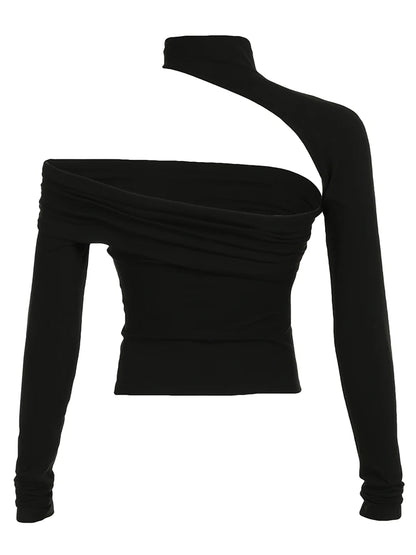 Camiseta asimétrica con corte sexy y gargantilla para mujer, negra, ajustada, con hombros descubiertos, manga larga, tops de calle para rave y Baddie