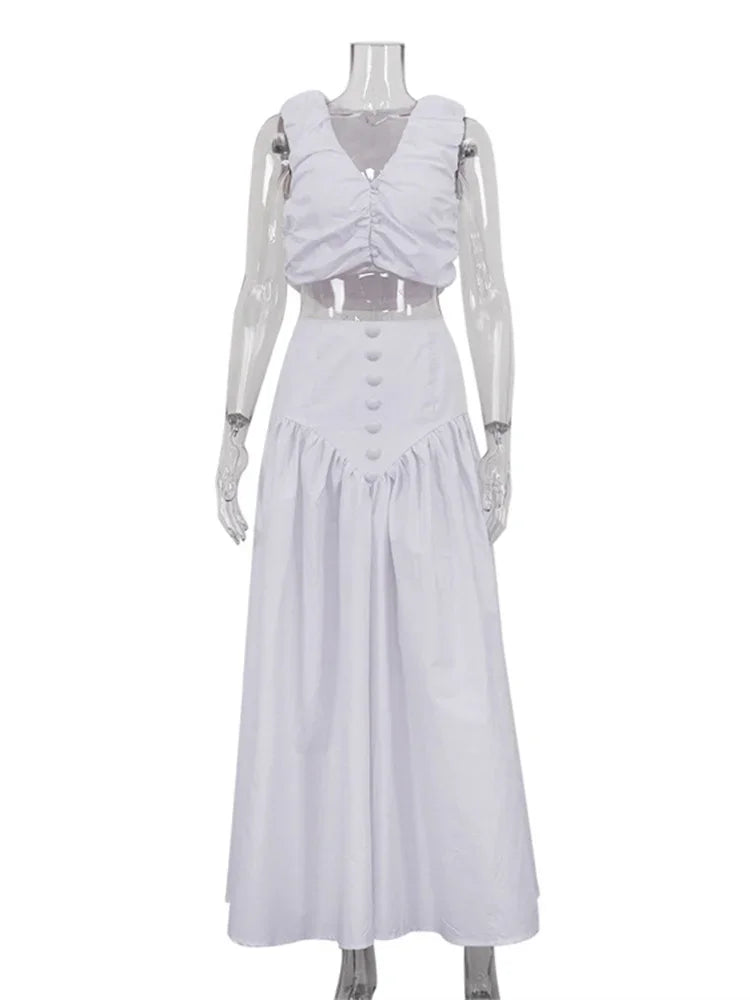 Conjunto de dos piezas plisado blanco para mujer, falda larga con cuello en V, top corto y falda larga de patchwork, conjuntos lisos para mujer