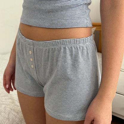 Conjunto de 2 piezas de pijama kawaii con cuello en V, camiseta sin mangas, top corto y pantalones cortos, ropa informal a rayas con ribete de encaje, estilo retro Y2K para mujer