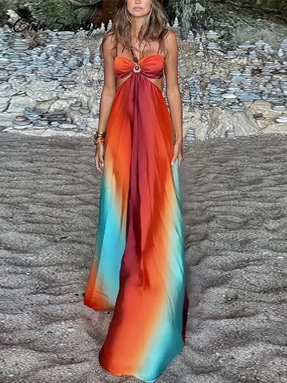 Vestido largo elegante con degradado para mujer, de satén, sin espalda, con corte en A, para playa, sexy, plisado, para vacaciones, verano 2025