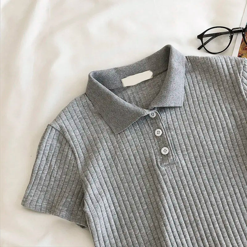 Camisa corta de cuello polo de punto para mujer, blusa básica juvenil de manga corta de color liso para verano