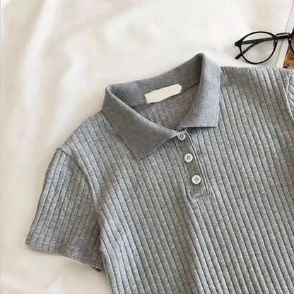 Camisa corta de cuello polo de punto para mujer, blusa básica juvenil de manga corta de color liso para verano