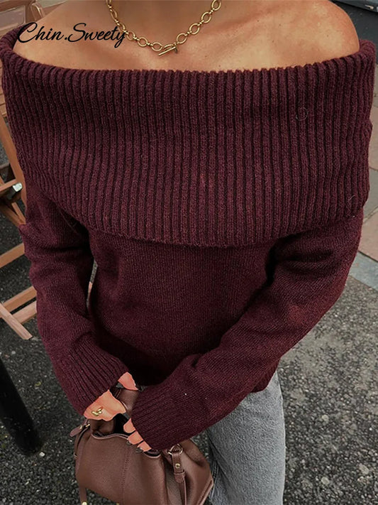 Suéter elegante burdeos con hombros descubiertos para mujer, jersey de punto de manga larga ajustado, prenda informal de punto de calle de primavera 2025