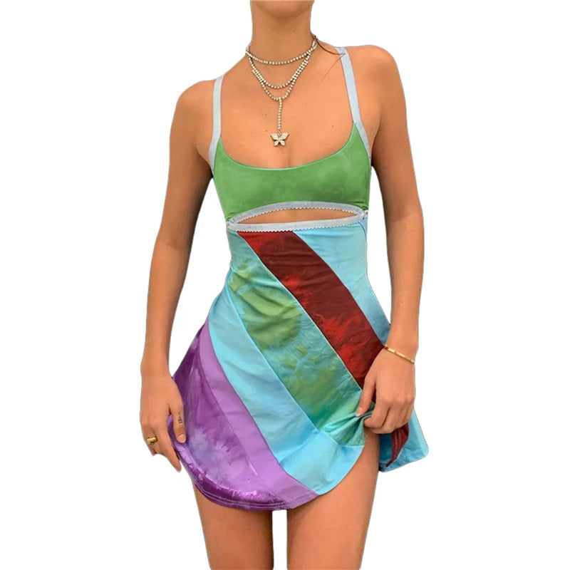 Vestido con corte Y2K, estilo estético, para mujer, con rayas y patchwork, sin mangas, corte A, minivestido estilo años 2000, estilo grunge de hadas, ropa de calle