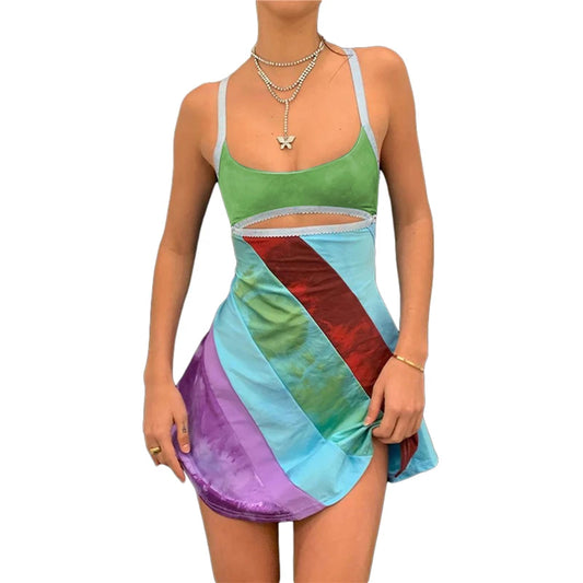 Cut Out Dress y2k Aesthetic Women Striped Patchwork Sleevless A Line Mini Dresses 2000s Fairy Grunge Dress Streetwear