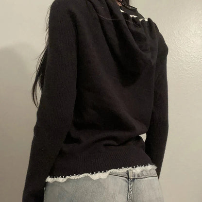 Suéter con capucha y cremallera para mujer, moda Y2K, ligeramente grueso, con ribete de encaje, abrigo de punto con bolsillo y contraste fino para otoño e invierno.