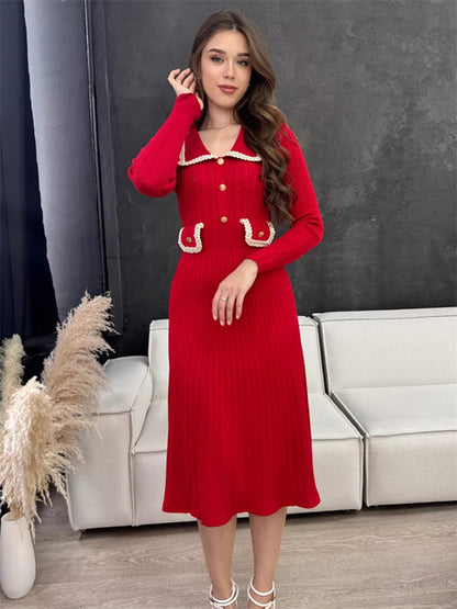 Vestido largo elegante de lujo para mujer, de punto con bolsillos, acanalado, con retazos, de cintura alta, ajustado, para fiesta y otoño.
