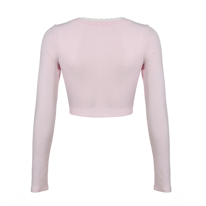 Top corto con botones y detalle de lazo Y2K, bonito top de punto de manga larga para otoño, camiseta elegante y estética urbana.
