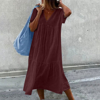 Vestidos midi de lino y algodón de color liso para mujer, moda informal, cuello en V, mangas cortas, sueltos, estilo sencillo, para ir al trabajo.