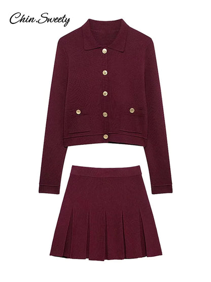 _ Women Skirts 2 Piece Set Burgundy Knitted Lapel Long Sleeve Button Cardigans Pleat High Waist A-line Skirt 2025 Lady Outfits