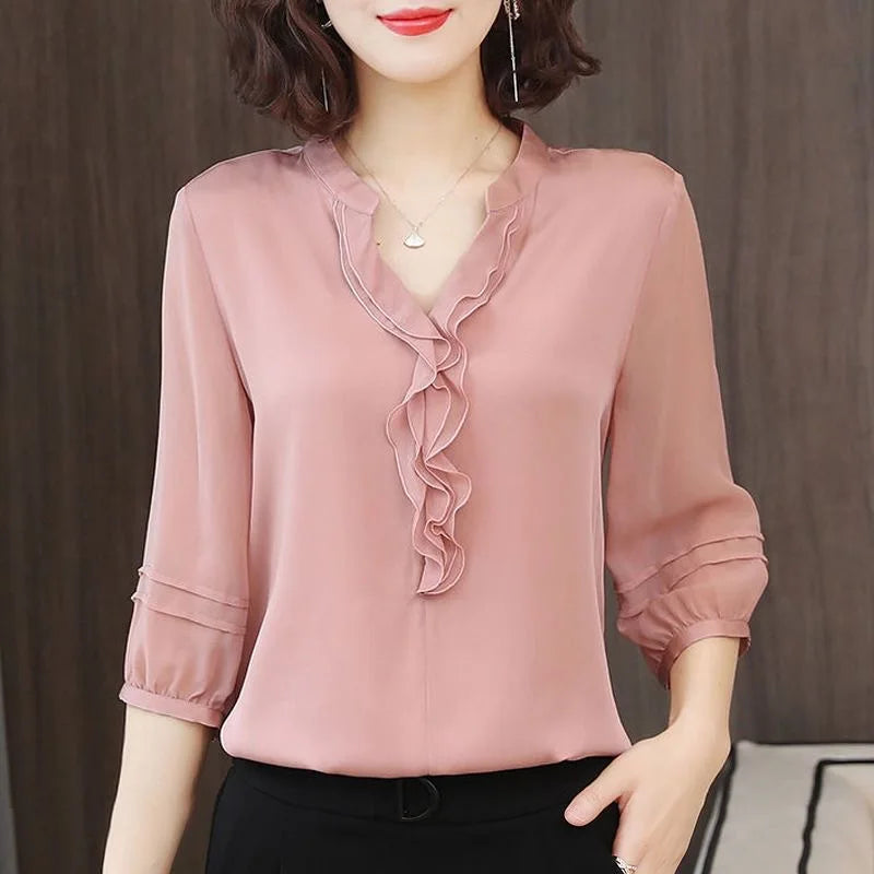 Blusas de estilo primavera-verano para mujer, informales, de manga tres cuartos, con cuello en V y volantes, DF3732