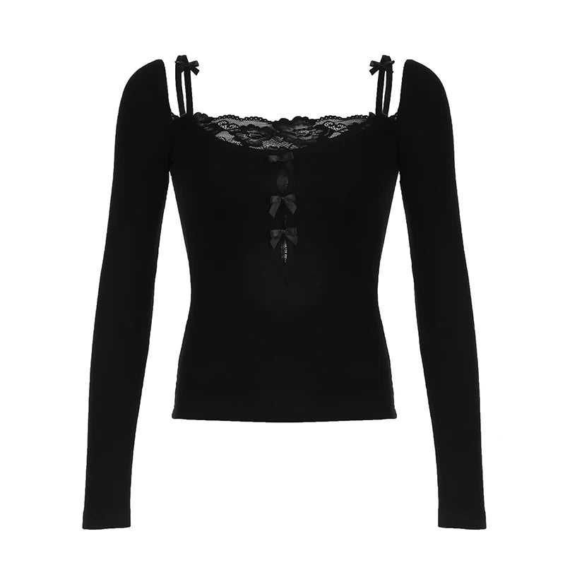 Camisetas de dos piezas para mujer, lindas y bonitas, con ribete de encaje liso, de manga larga, ropa suave y moderna de otoño.