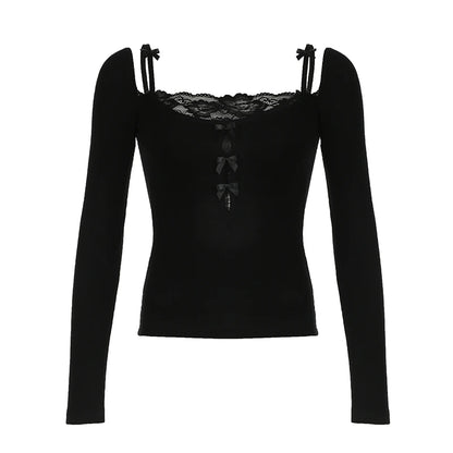 Camisetas de dos piezas para mujer, lindas y bonitas, con ribete de encaje liso, de manga larga, ropa suave y moderna de otoño.