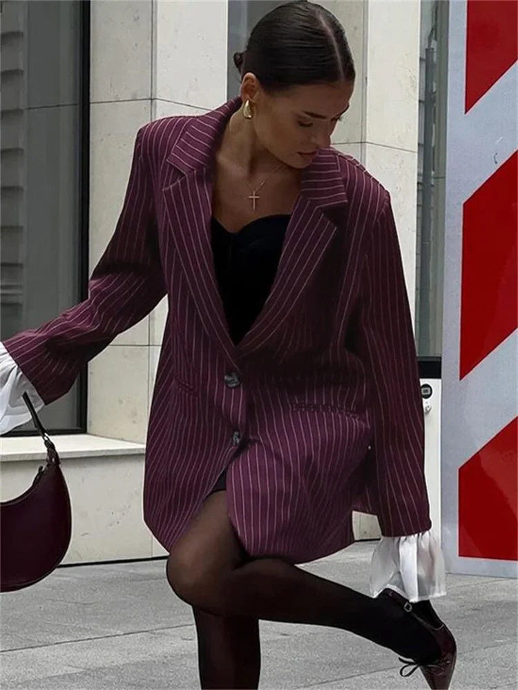 Lace Striped Suit Outwear For Women Patchwork Long Sleeve Lapel Fashion Commute Pocket Coat Ruffled Female Loose Blazer