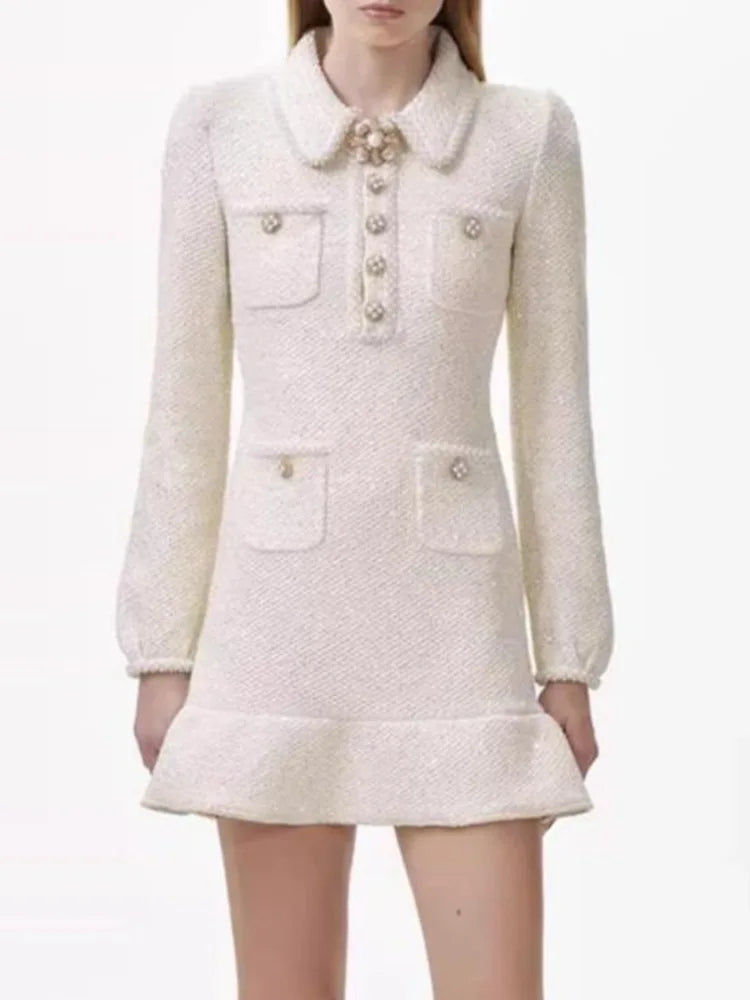 Elegante vestido corto estilo europeo de tweed con solapa y botones de cuentas, manga larga, moda para mujer, primavera-verano 2025 (9896)