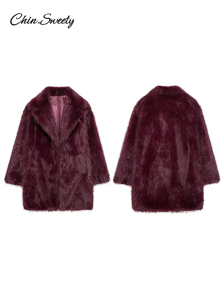 Chaqueta de piel sintética marrón de lujo para mujer, abrigo grueso y esponjoso de manga larga con solapa extragrande, ropa de calle cálida de lujo para invierno.