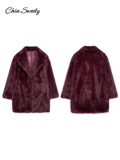 Chaqueta de piel sintética marrón de lujo para mujer, abrigo grueso y esponjoso de manga larga con solapa extragrande, ropa de calle cálida de lujo para invierno.