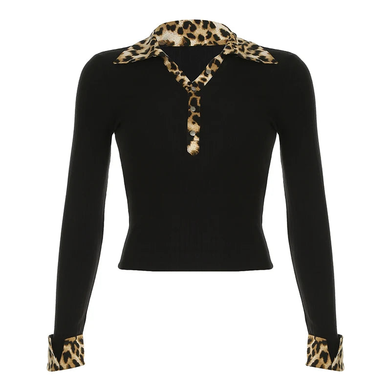Blusas de manga larga con botones y cuello vuelto de leopardo para mujer, nuevas camisetas básicas y elegantes de punto para otoño