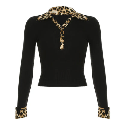 Blusas de manga larga con botones y cuello vuelto de leopardo para mujer, nuevas camisetas básicas y elegantes de punto para otoño